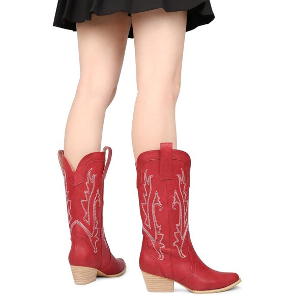 ⚡Women's Red Mid Calf Cowgirl Boots Pointy Toe Boot Embroidered Western - Picture 6 of 8
